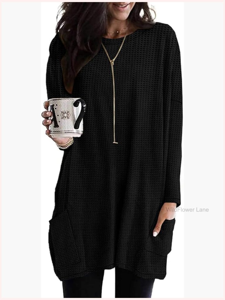 Long Sleeve Waffle Knit Tunic Tops With Pockets For Leggings